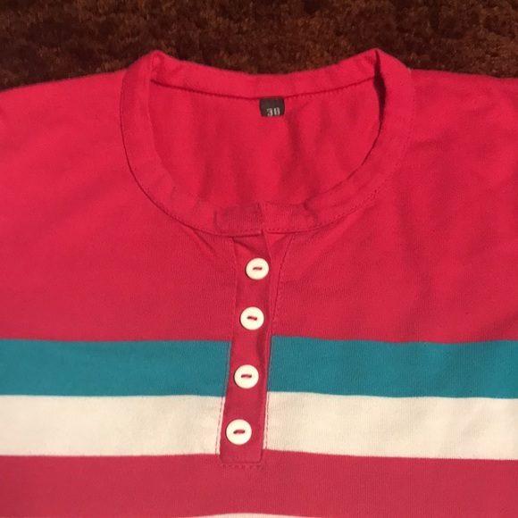 Macy’s pink, teal and white striped polo shirt - Picture 2 of 3